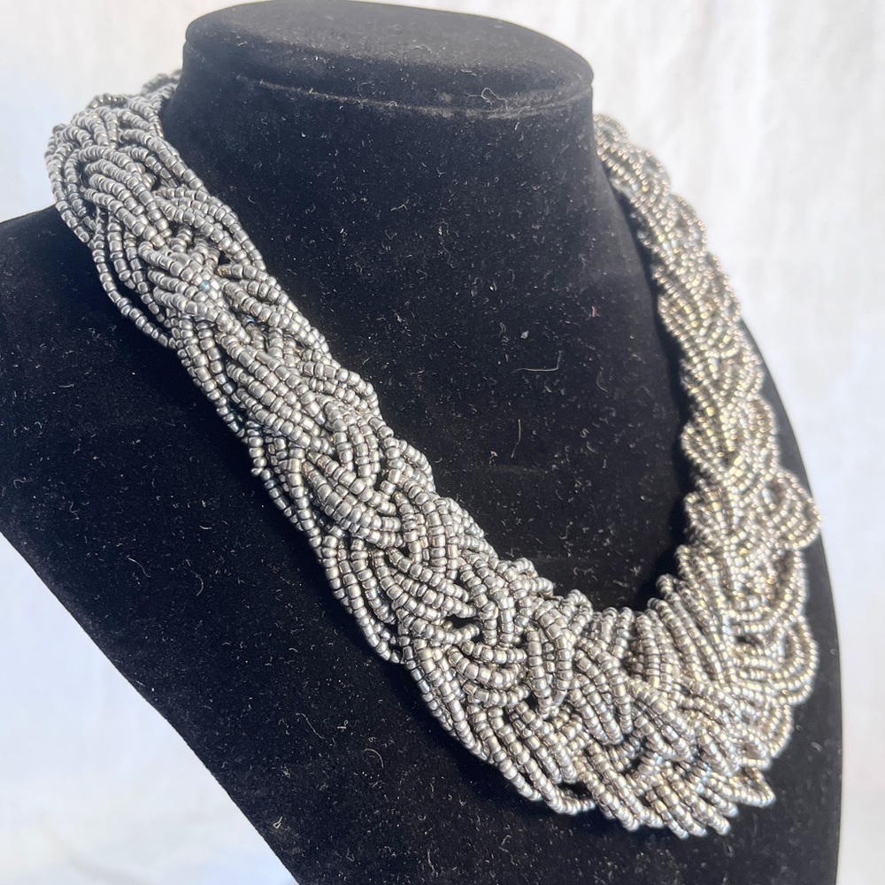 Elegant Silver Iridesnt multi strand Beaded braided Necklace